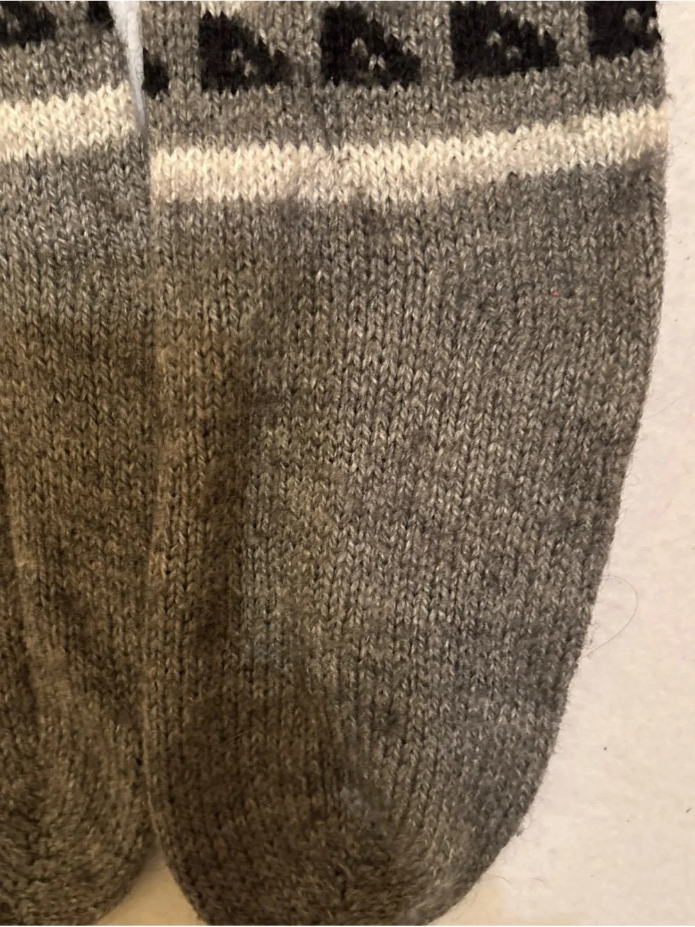 Hand knit alpaca wool for indoor slipper socks in grey, black and white.